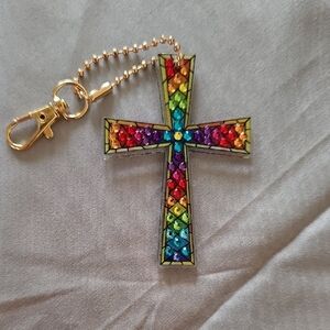 Double Sided Rainbow Rhinestone Cross Keychain